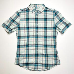 Short Sleeve Blue Turquoise Plaid Button Down